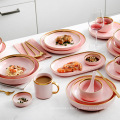 Matte Pink Porcelain Tableware Dinner Plates Dishes Gold Inlay Ceramic Cake Food Plate Bowl Set Dish for Hotel Restaurant